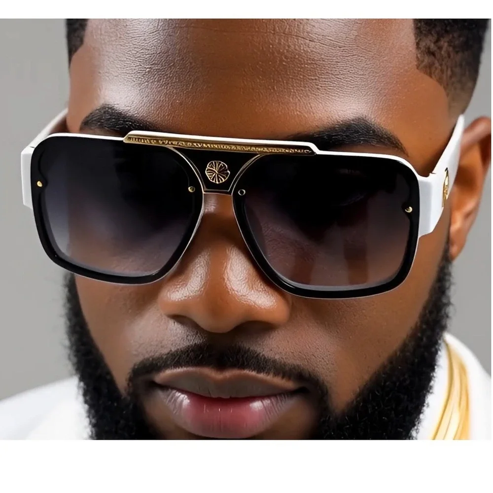 Aviator Sunglasses White Frame‎ Black Lens Gold Accent Designer Style Shades Hot